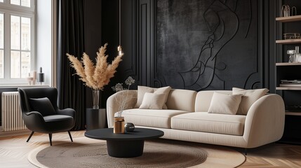 Creative composition of living room interior with modular beige sofa, black coffee table, armchair, rug, black wall with stucco, vase with dried flowers and personal accessories. Home decor. Template