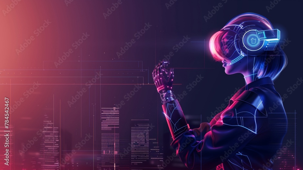 Fototapete Smart city controlled by artificial intelligence via internet, with icons for infrastructure and data. Internet of Things (IoT). Robot or cyborg woman with AI.