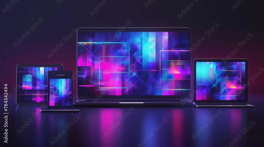 Aufkleber Creating a responsive internet site for multiple platforms. Building a mobile interface on laptops, tablets, and smartphones. Layouting content on display devices. Conceptual banner for the website.