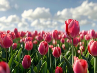 Obraz premium A vibrant field of tulips in full bloom stretching as far as the eye can see.