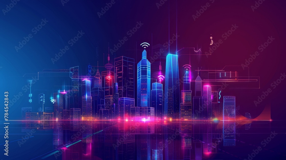 Fototapete An icon of a 5G network over a smart city with icons of its infrastructure. Devices connect via highspeed, wireless internet over a broadband telecommunications network. Skyscrapers at sunrise.