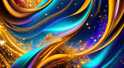 Colorful Waves with golden glitter streaks and shiny. Wallpaper. AI generativ. 