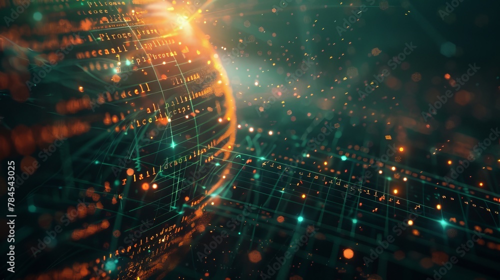 Fototapete Visualization of big data with text. HUD wireframe mesh sphere with lines and dots. Design of information graphics. Science research. Data analysis.