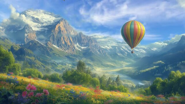 Colorful hot air balloons flying over mountain or landscape. seamless looping time-lapse 4K video background