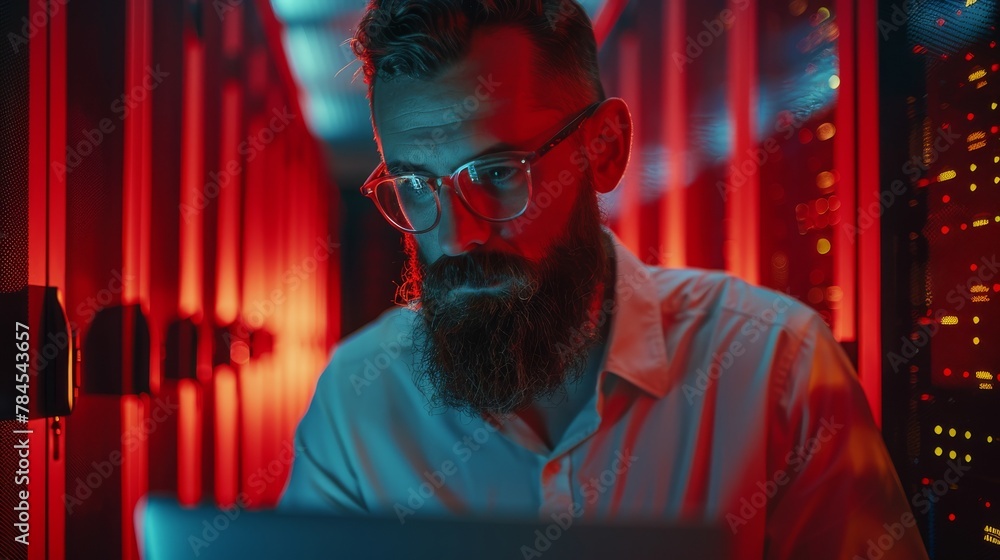 Leinwandbilder The bearded IT specialist is working on a laptop in a data center while standing near a server rack. Running diagnostics, making maintenance repairs. An Emergency Red Light is visible from the side