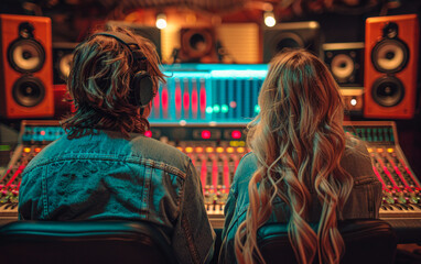 Sound engineer and female singer sitting opposite each other at mixing panel in recording studio. - obrazy, fototapety, plakaty