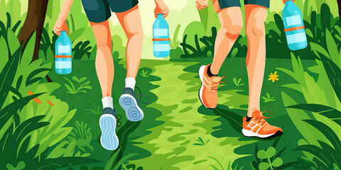 Outdoor Fitness Fun: Feet jogging on a trail, hands holding water bottles, staying active in nature.