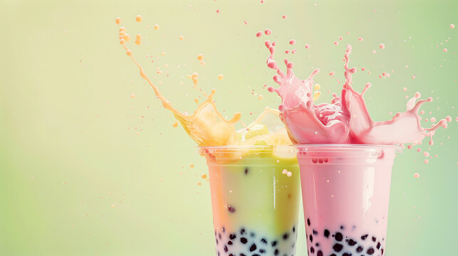 glasses of bubble tea are yellow and pink on a light green background. A mockup for advertising bubble tea and milkshakes
