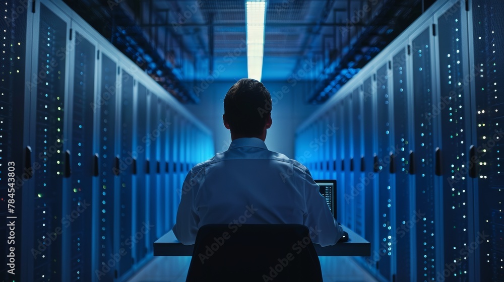 Poster Close Up View of an IT Specialist working on a laptop in a data center next to server racks. This computer is running diagnostics or doing maintenance.
