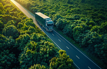 Truck driving on the road through green forest in summer day