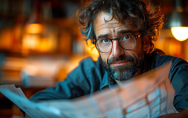 Portrait of mature composer reading sheet music in his home studio - obrazy, fototapety, plakaty