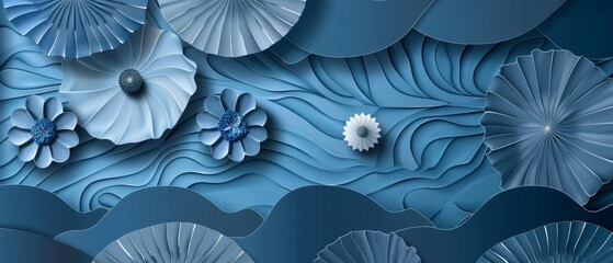 Blue background with Japanese patterns and geometric elements.