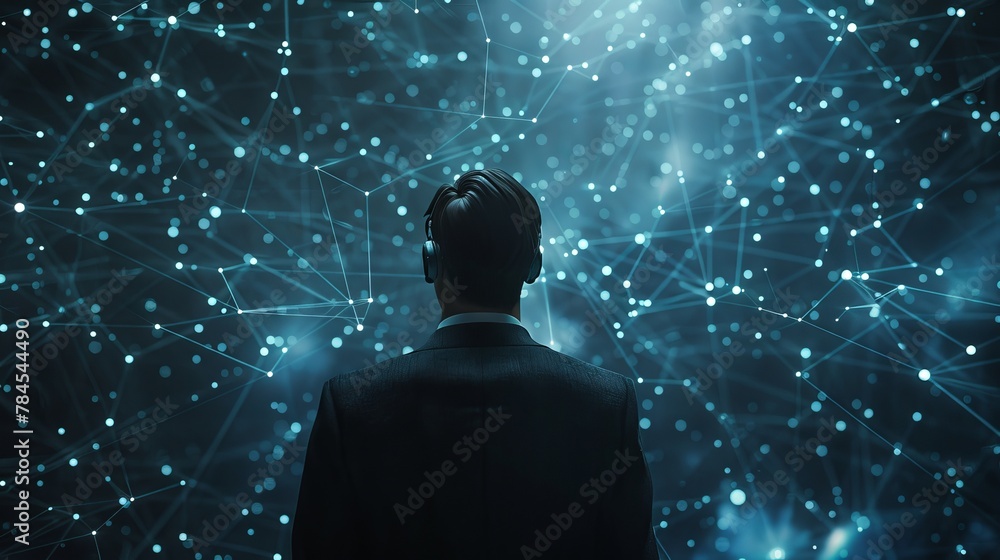 Poster 3D rendering of a businessman using floating digital network connections on a dark background