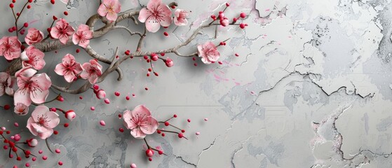 An abstract modern cherry blossom background with grunge texture.