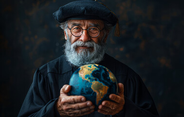 Old wise man holds the globe in his hands - 784544650