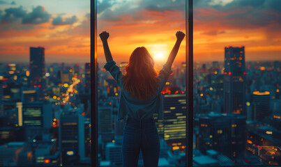 Silhouette of successful woman is standing near panoramic windows during amazing sunset in the cityscape background success business lifestyle concept - 784544665