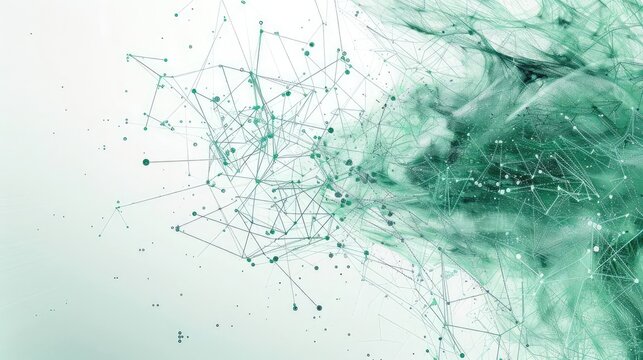 with green lines and dots, in the style of dark cyan and white, layered and complex compositions, three-dimensional effects, social network analysis, precisionist style, smokey background