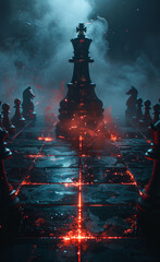 Large chessboard is surrounded by fiery magic flames smoke and black dragon. - 784544807