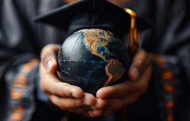 Close up of person holding small globe with graduation cap on top - 784544839