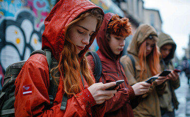 Teenage girls standing in the street and looking at their mobile phones - 784544849