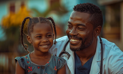 American doctor and his cute little daughter smiling and looking at each other - 784544853