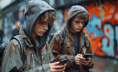 Two young men walk down the street under the rain. They are using their smartphones and do not pay attention to the surroundings. - 784544887