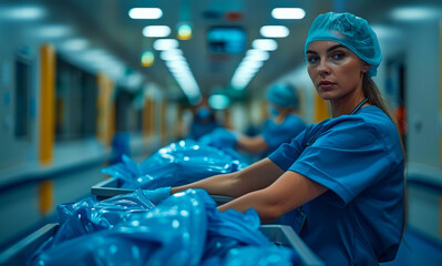 Female factory worker is sorting blue plastic bags on conveyor belt. - 784545006