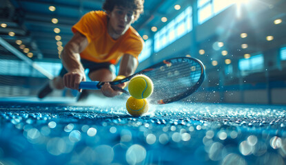 The young man in action on tennis court - 784545007