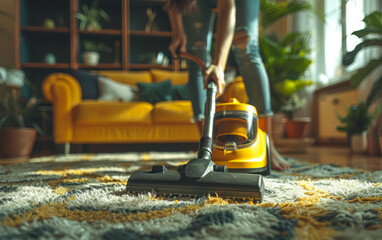 Young woman using vacuum cleaner while cleaning carpet in the living room. - 784545041
