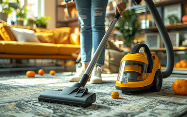 Woman using vacuum cleaner while cleaning the carpet in the living room at home - 784545054