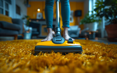 Young woman using vacuum cleaner while cleaning carpet in the house. - 784545084