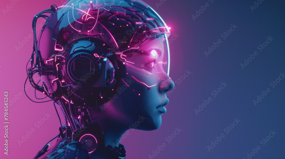 Aufkleber A cybernetic robot with artificial intelligence based on a neural network trained using a virtual display interface. The robot is flying through the sky and is equipped with a virtual reality display