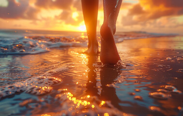 Young woman walking on the beach at sunset - 784545215