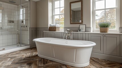 Timeless Elegance: Vintage-Inspired UK Bathroom with Herringbone Wood Flooring and Modern Minimalist Features