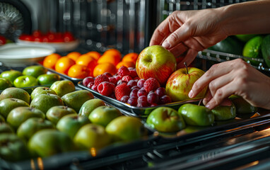 Woman chooses apples and berries in the store - obrazy, fototapety, plakaty