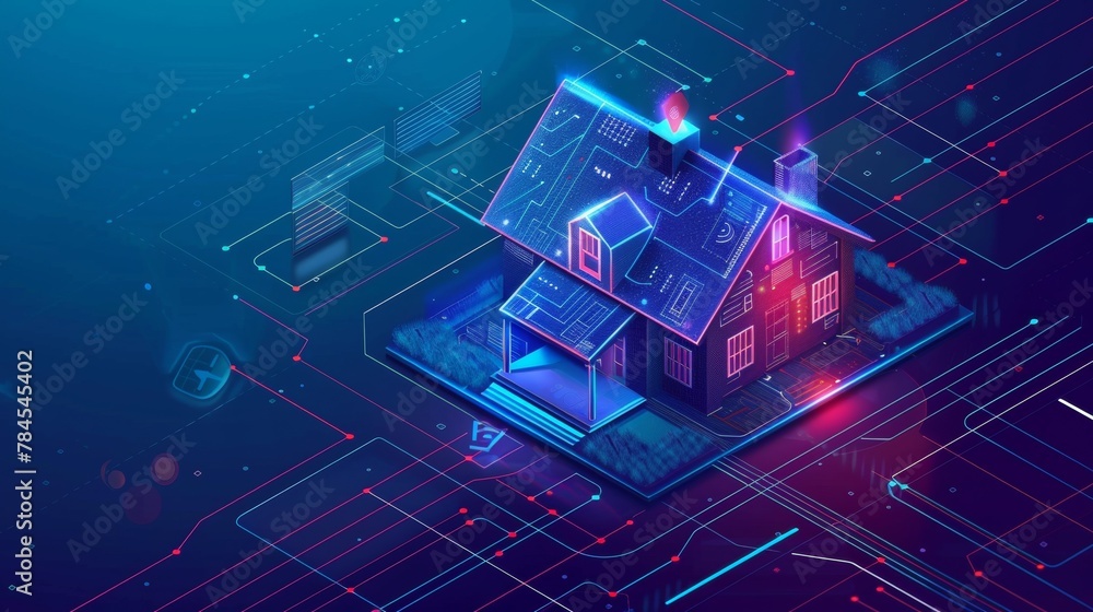 Poster Smart home isometric concept. Private house has digit code. Cyber security of Internet of Things in country house. Digital protection of smart home system. IOT Technology banner.