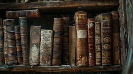 Vintage book collection on wooden shelf in soft light - obrazy, fototapety, plakaty