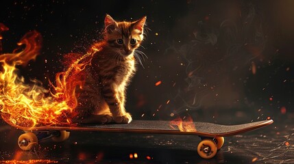 Flaming kitten riding a skateboard on a fiery background - obrazy, fototapety, plakaty