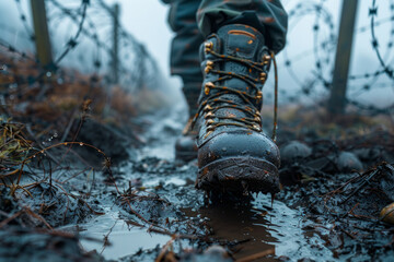 Hiker walking in the muddy forest with hiking boots - 784545481