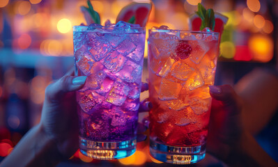 Two people clinking their colorful cocktails together - 784545496