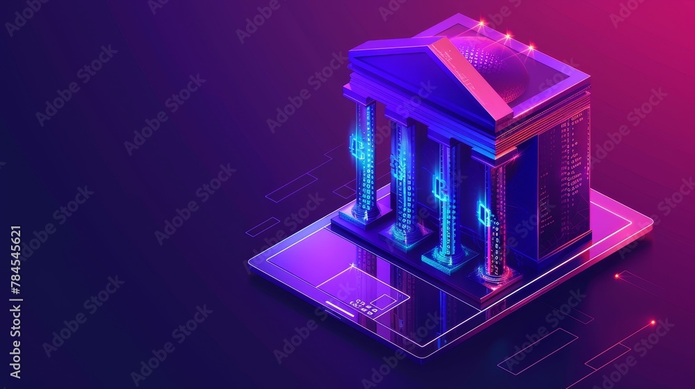 Poster An isometric 3D banner of an online Internet banking website, showing a bank building with columns of digits. Mobile banking is available through the site.