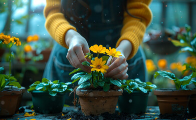 Woman planting yellow flowers in pot - 784545601