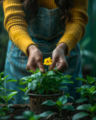 Woman planting yellow flower in the garden - 784545611