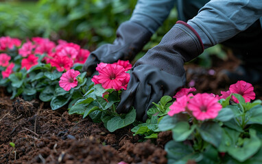 Gardener planting flowers in the garden at spring - 784545643