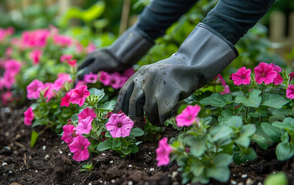 Gardener is planting flowers in garden.