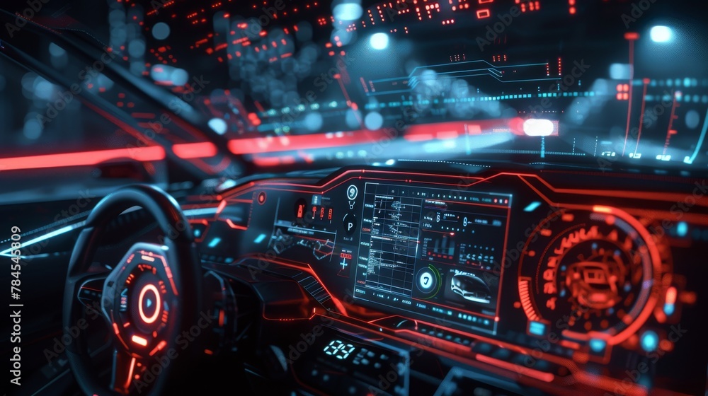 Leinwandbilder an illustration of a modern car with a high tech user interface in a dark environment (3d illustrati
