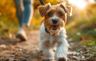 Happy active jack russell dog running in the forest pet enjoying the outdoors - 784545801