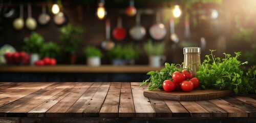 Naklejka na ściany i meble dark brown kitchen podium background with few vegetables on Wooden podium