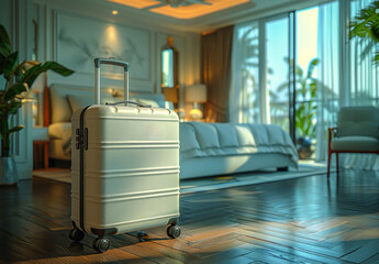 White suitcase in hotel room - 784545823