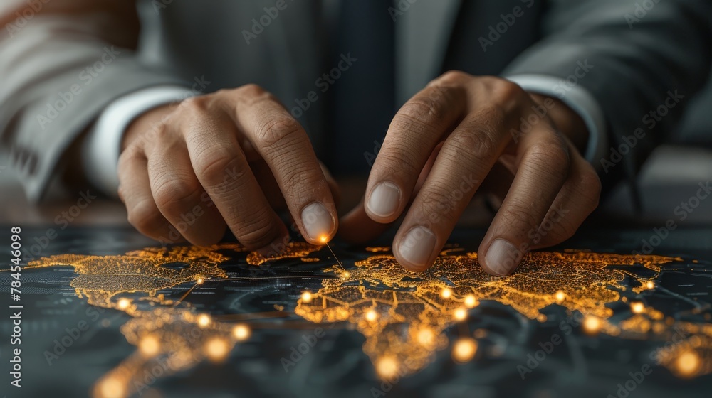 Poster Businessman touching global network and 3D rendering of global data exchange